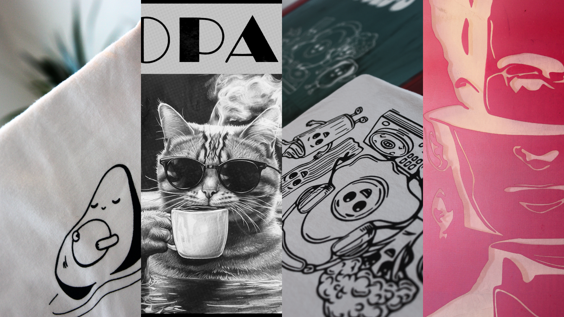 ScreenCraft Apparel homepage banner featuring a collage of artistic designs, including a stylized avocado graphic, a cat wearing sunglasses drinking coffee, an egg and bacon sketch, and a pink abstract portrait.